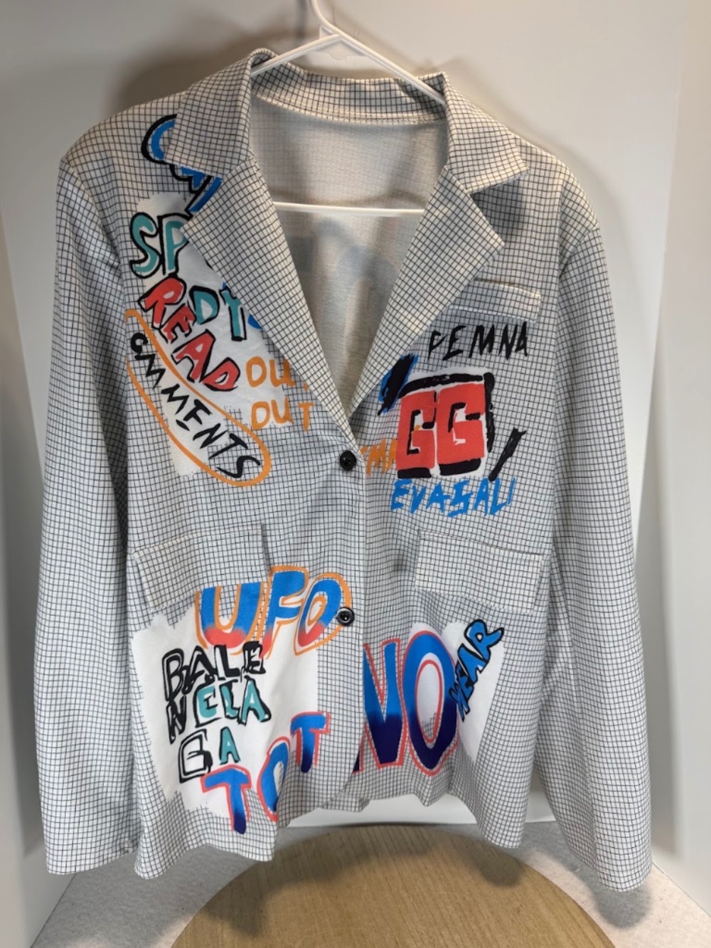 Mens XXL Graffiti Blazer Jacket Abstract Art Print Streetwear Sport Coat White